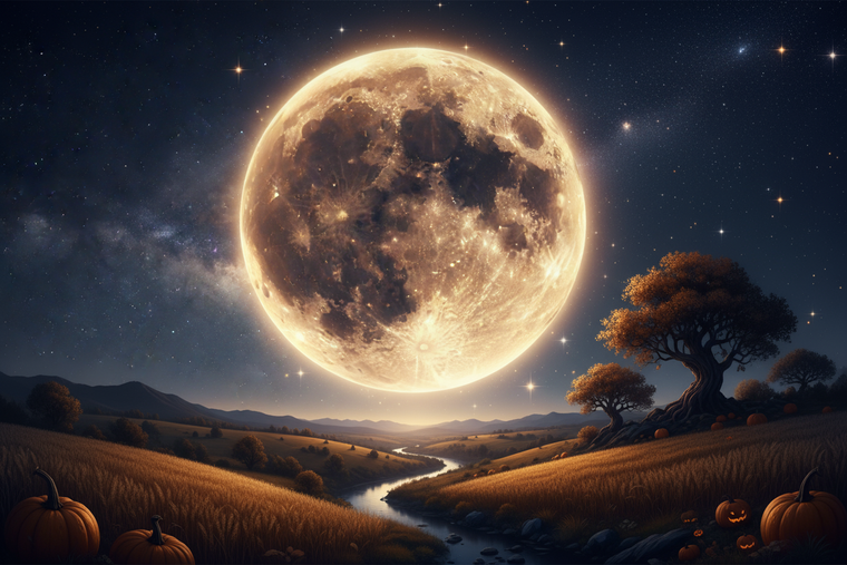 Magical harvest moon surrounded by stars